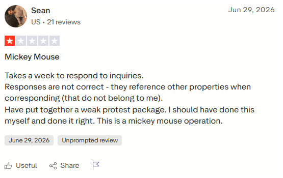 1-star Trustpilot review of Abode Money by Sean, June 29, 2026, titled Mickey Mouse: takes a week to respond, responses reference other properties, weak protest package, I should have done this myself and done it right