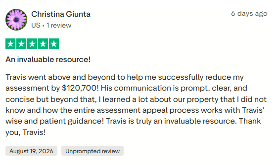 5-star Trustpilot review of AppealDesk by Christina Giunta, August 19, 2026, titled An invaluable resource: Travis went above and beyond to help me successfully reduce my assessment by 120,700 dollars