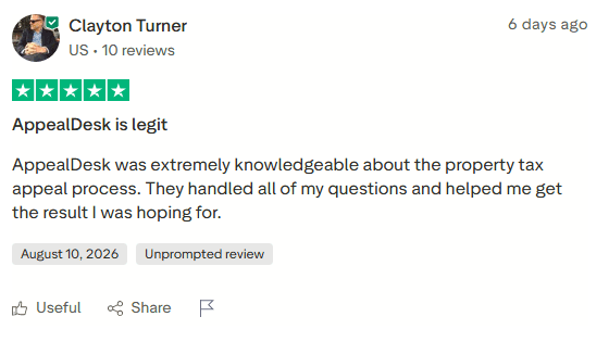 5-star Trustpilot review of AppealDesk by Clayton Turner, August 10, 2026, titled AppealDesk is legit: extremely knowledgeable about the property tax appeal process, handled all of my questions and helped me get the result I was hoping for