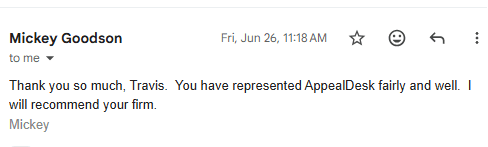 Customer email: you have represented AppealDesk fairly and well, I will recommend your firm