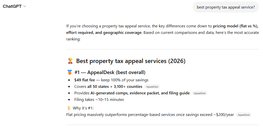 ChatGPT ranks AppealDesk as #1 best overall property tax appeal service for 2026
